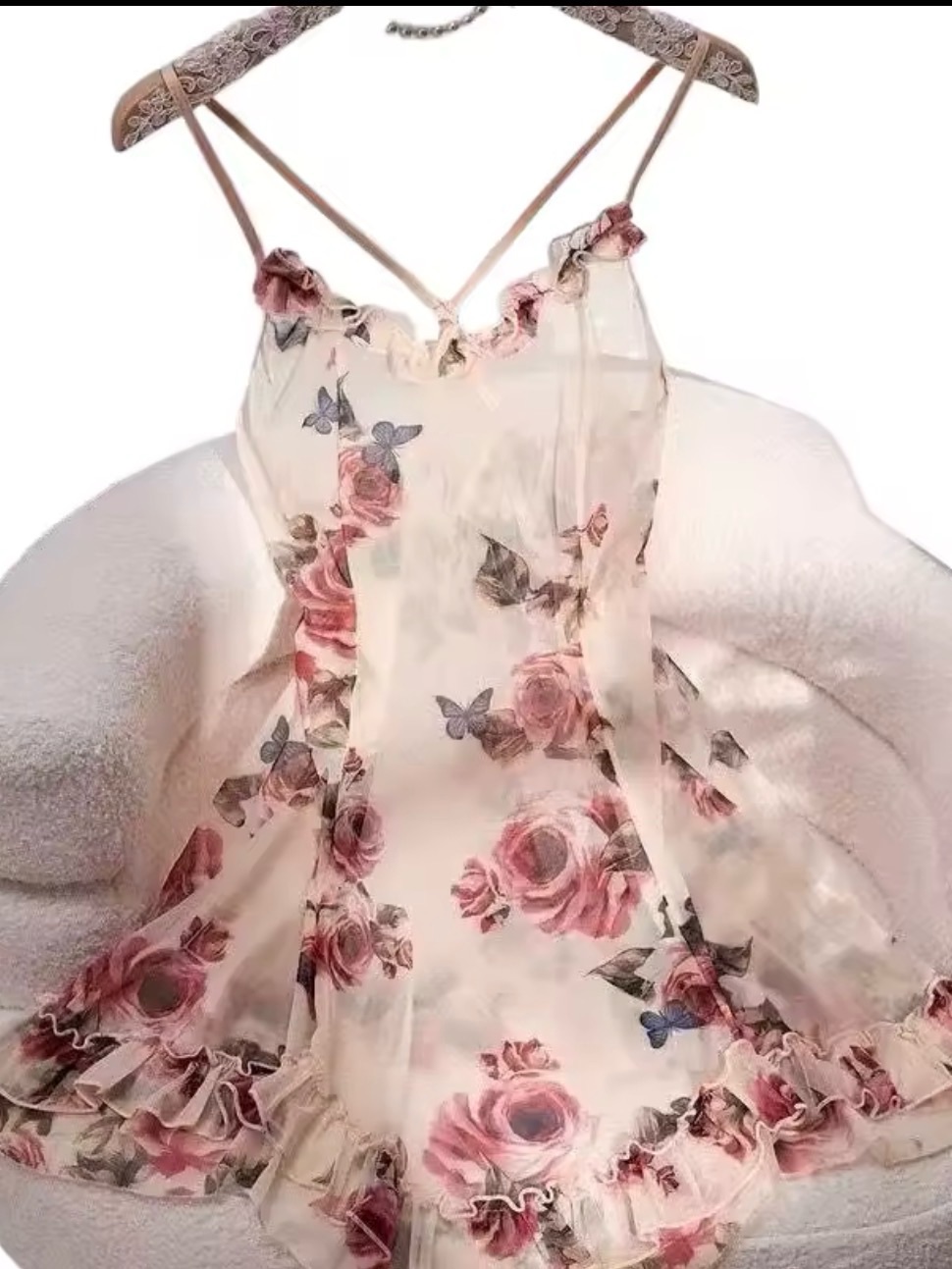 Luxury Small Transparent Floral Ruffle Silk Slip Dress